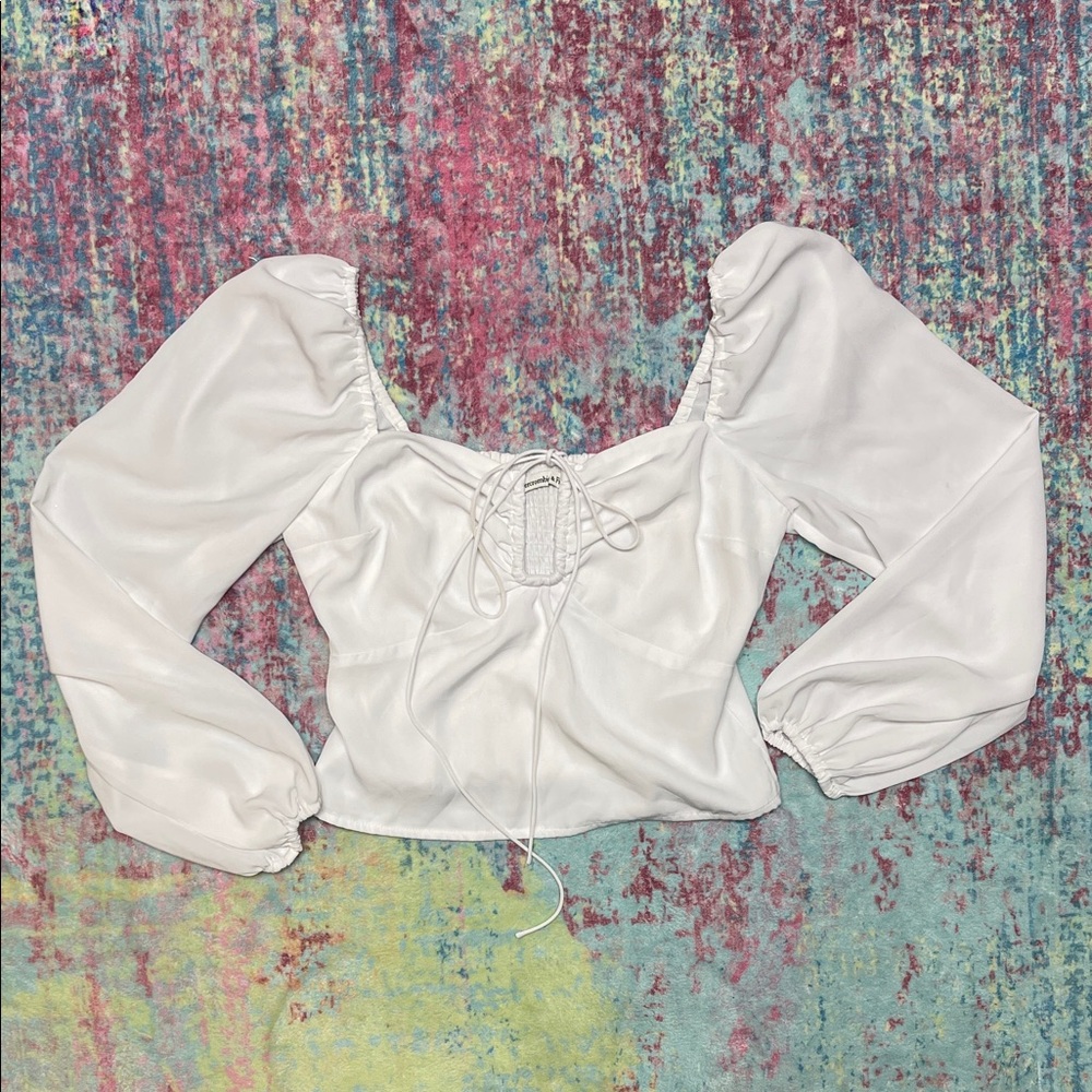White Puff-Sleeve Lace-Up Women’s Top